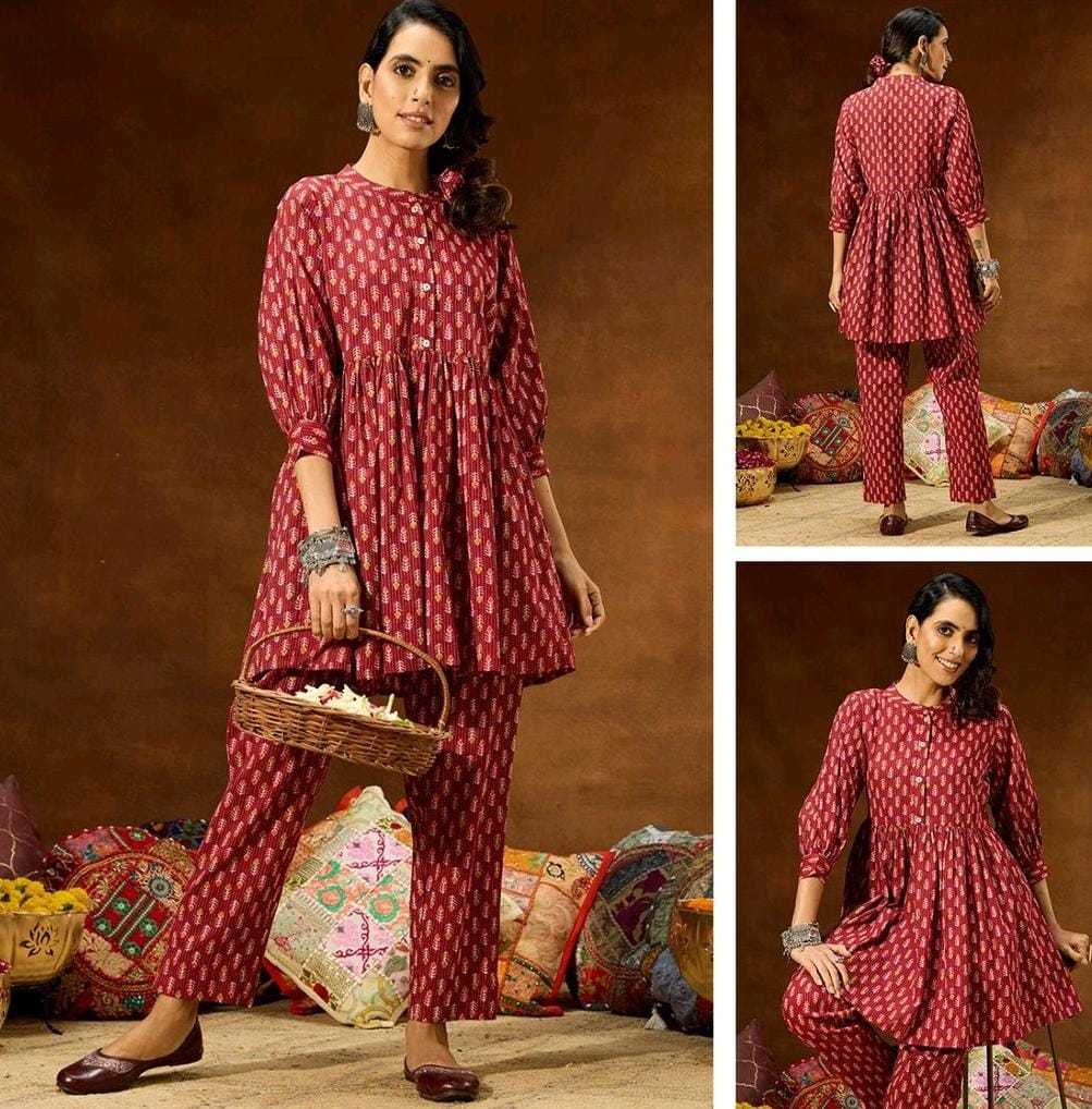 Maroon Pure Cotton Printed Co-Ord Set