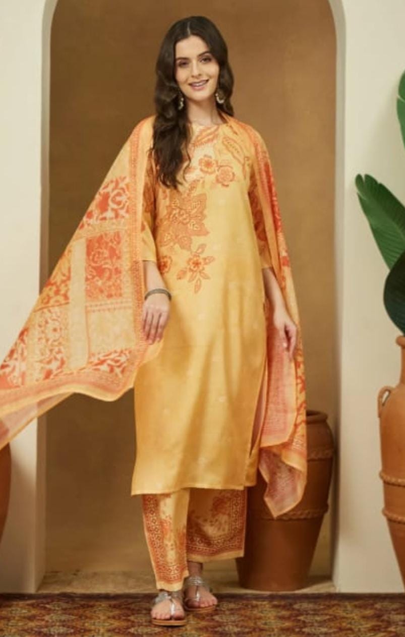 Yellow Cotton Blend Floral Printed Kurta Set