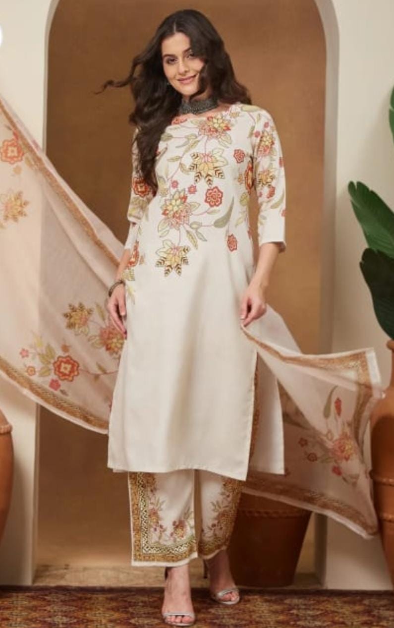 Off White Cotton Blend Floral Printed Kurta Set