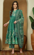 Green Cotton Blend Floral Printed Anarkali