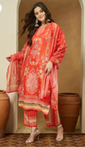 Orange Cotton Blend Floral Printed Kurta Set