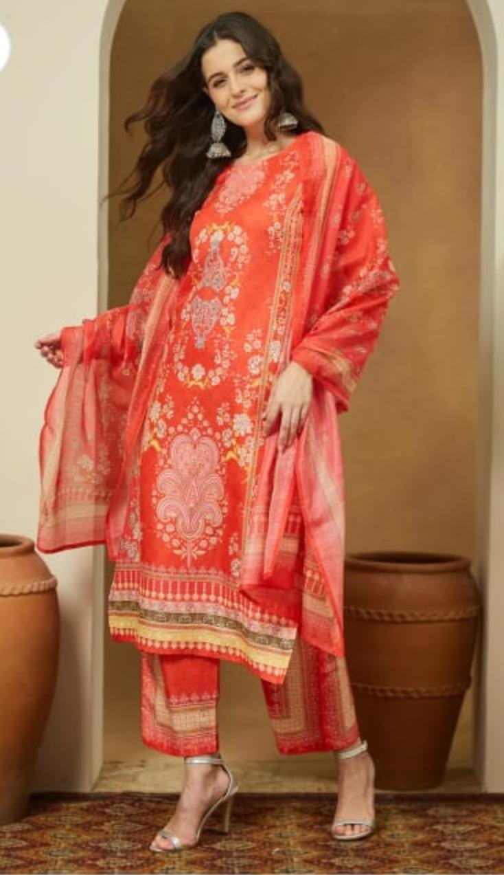 Orange Cotton Blend Floral Printed Kurta Set