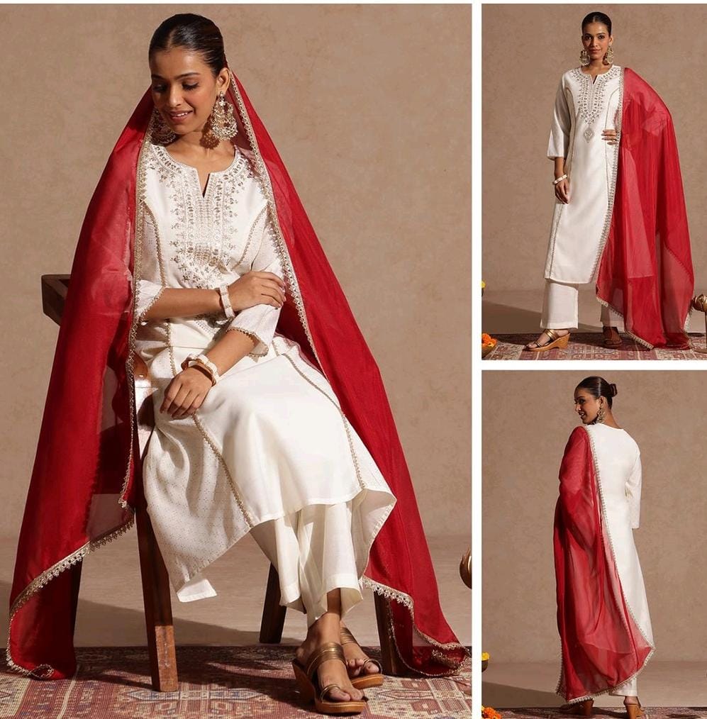 Thread work chanderi silk kurta set