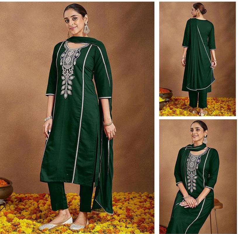 Bottle Green Silk Blend Embroidered Kurta Set