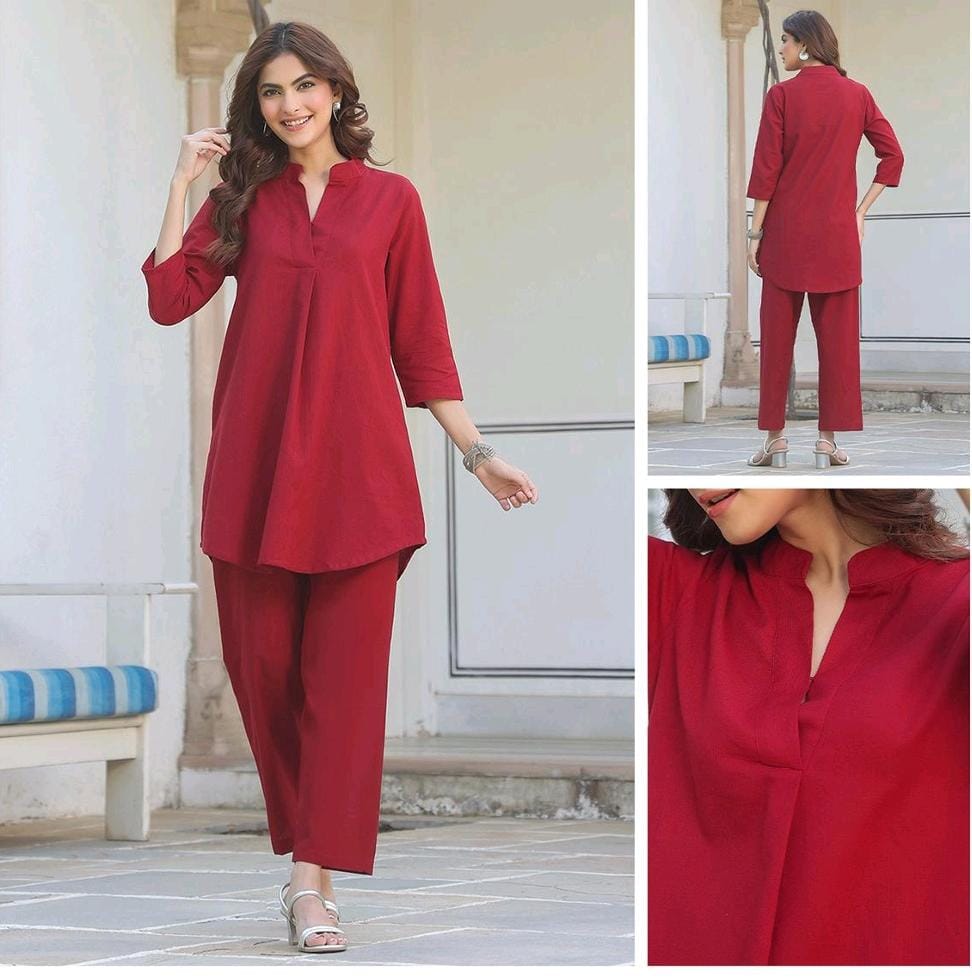 Maroon Linen Cotton Straight Co-Ord Set