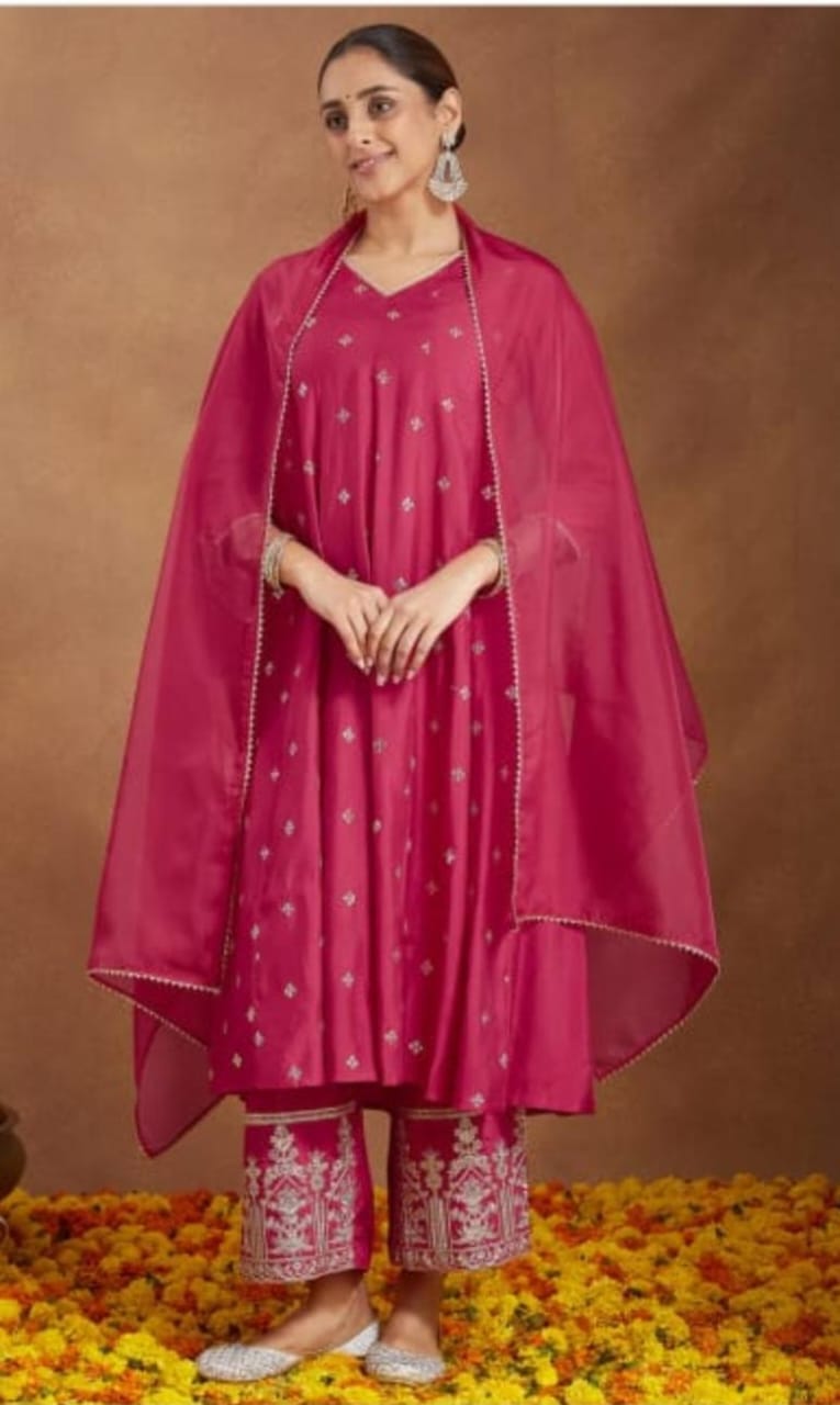 Pink & Gold Chanderi Silk Embroidered Set
