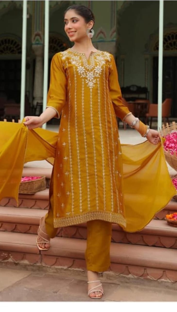 Mustard Silk Blend Embroidered Kurta Set