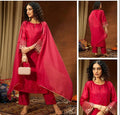 Wine Red Embroidered Kurta Set with Straight Pants & Sheer Dupatta
