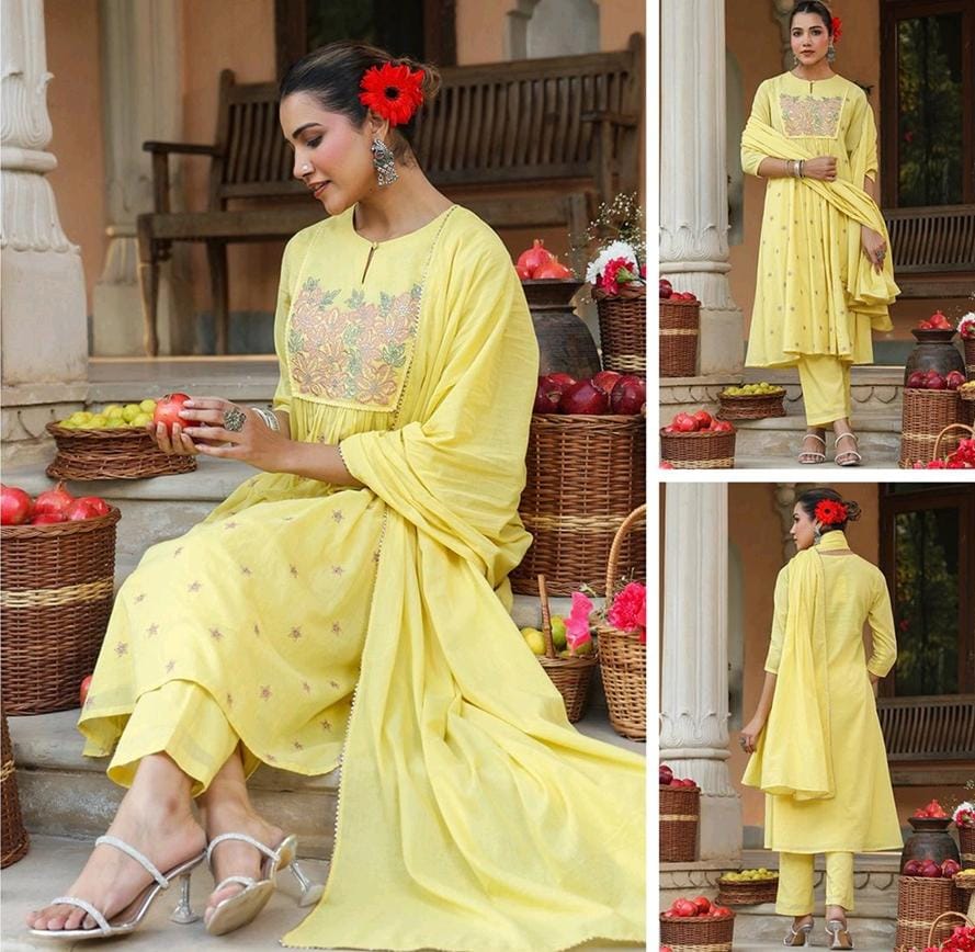 Yellow Cotton Embroidered A-Line Kurta Set