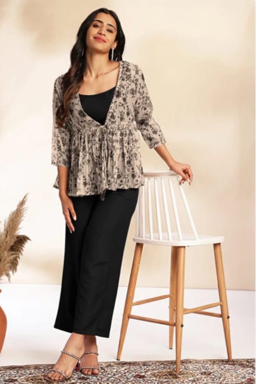 Black Crepe Top & Pant Set with Jacket