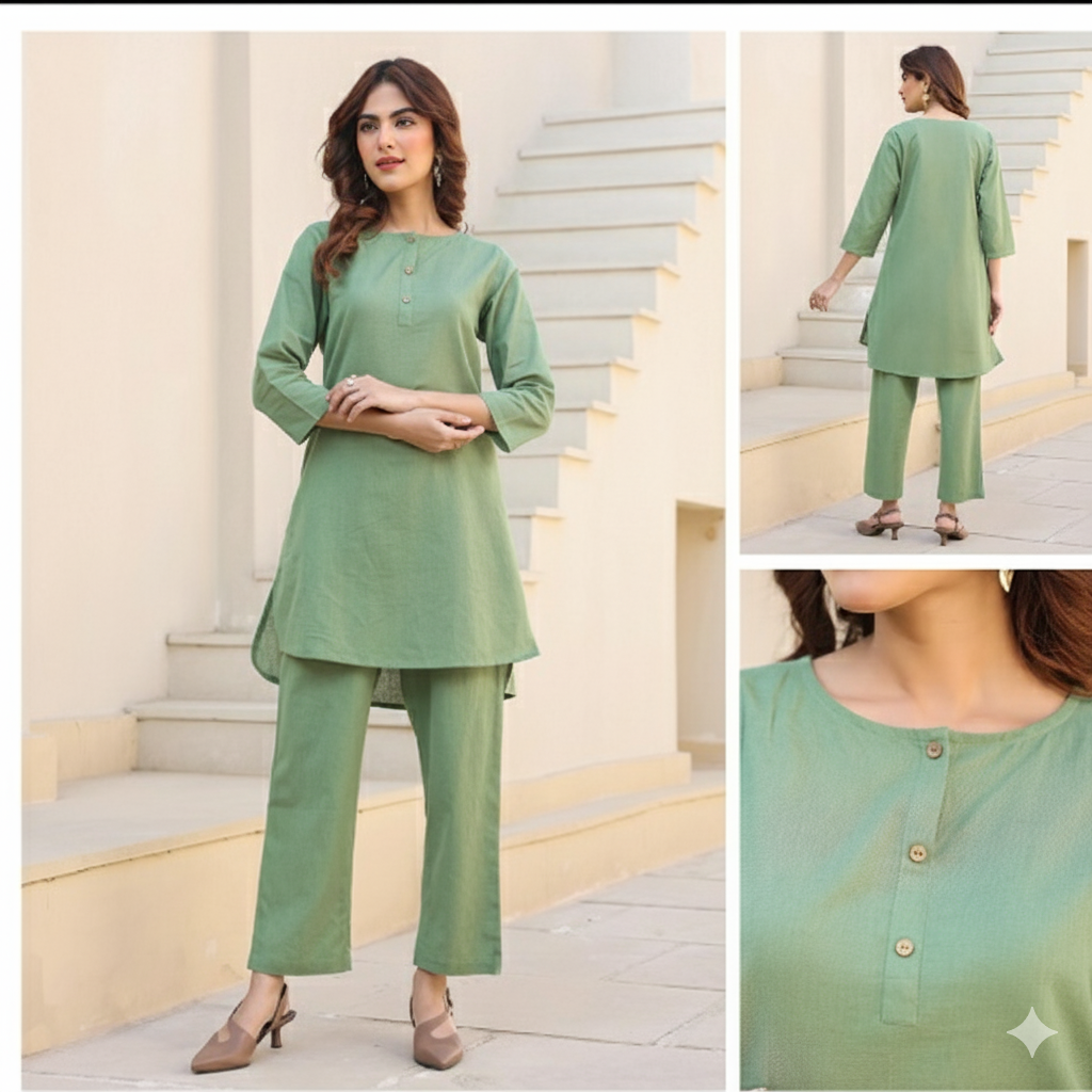 Sage Green Solid Co-Ord Set with Straight Pants