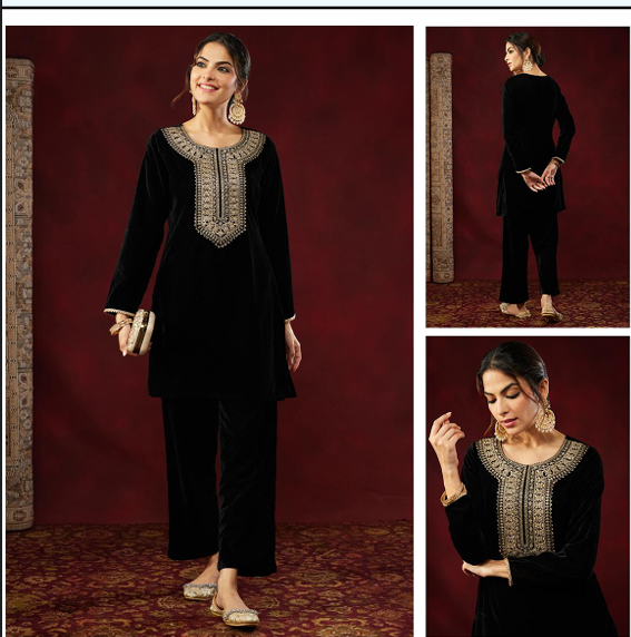 Black Velvet Embroidered Co-Ord Set with Straight Pants
