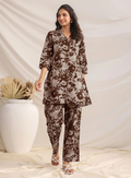Women's Brown Floral Printed Cotton Co-ord Set | Straight Fit Tunic with Pant | Casual & Office Wear Set