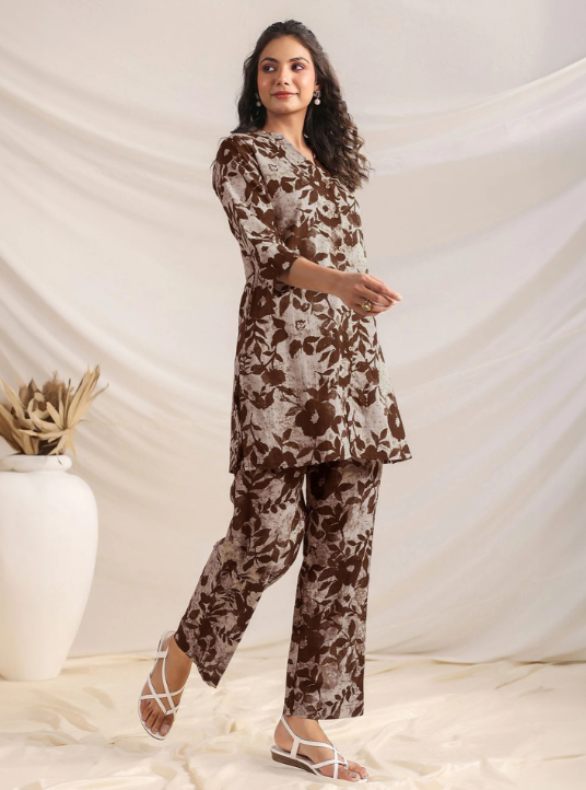 Women's Brown Floral Printed Cotton Co-ord Set | Straight Fit Tunic with Pant | Casual & Office Wear Set