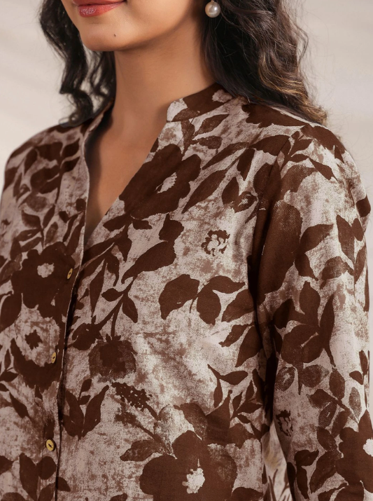 Women's Brown Floral Printed Cotton Co-ord Set | Straight Fit Tunic with Pant | Casual & Office Wear Set