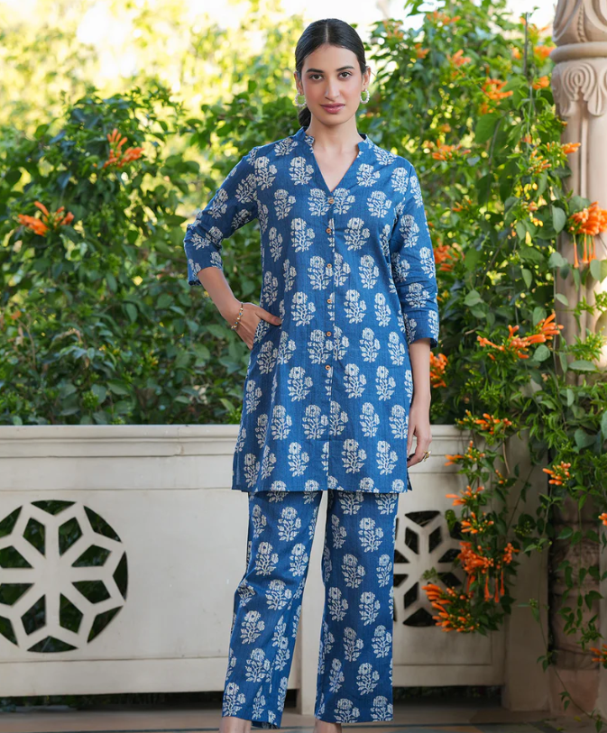 Women's Indigo Pure Cotton Batik Printed Straight Co-ord Set – Comfortable Ethnic Casual Wear