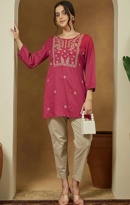 Women's Magenta Pink Rayon Embroidered Straight Fit Short Kurti – Elegant Ethnic Wear