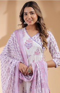 Women's White Pure Cotton Floral Printed Angrakha Kurta Set with Pants