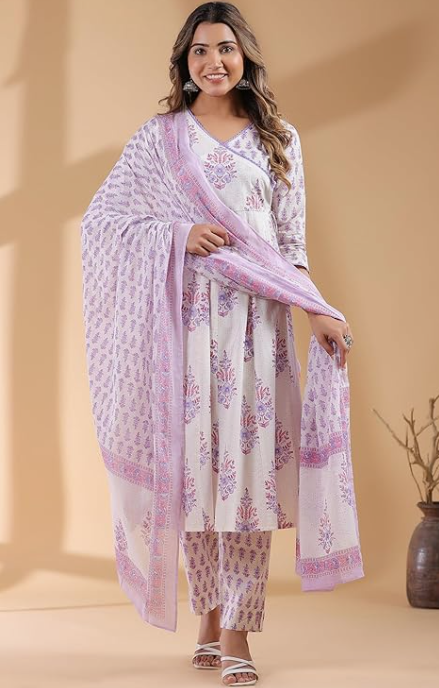 Women's White Pure Cotton Floral Printed Angrakha Kurta Set with Pants