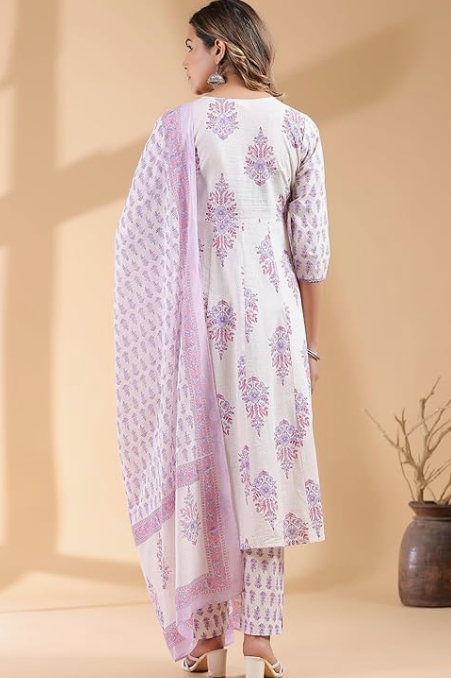 Women's White Pure Cotton Floral Printed Angrakha Kurta Set with Pants