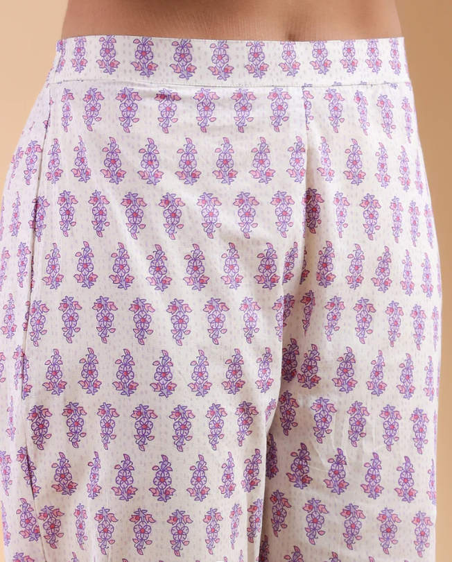 Women's White Pure Cotton Floral Printed Angrakha Kurta Set with Pants