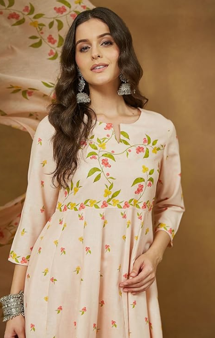 Women's Peach Floral Printed Anarkali Kurta Set – Cotton Blend Ethnic Wear