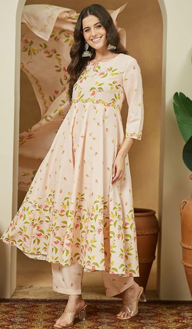 Women's Peach Floral Printed Anarkali Kurta Set – Cotton Blend Ethnic Wear