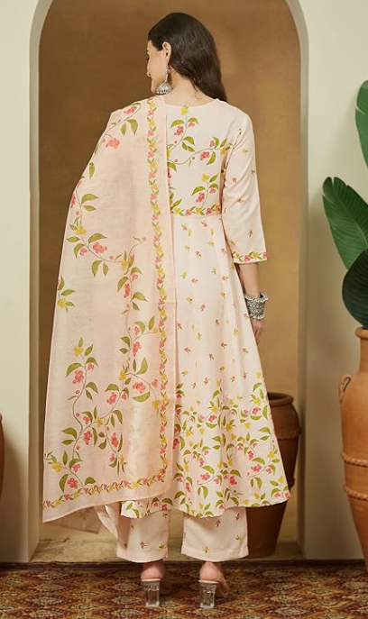 Women's Peach Floral Printed Anarkali Kurta Set – Cotton Blend Ethnic Wear