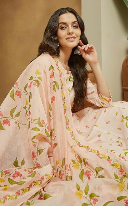 Women's Peach Floral Printed Anarkali Kurta Set – Cotton Blend Ethnic Wear