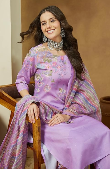 Women’s Lavender Floral Printed Cotton Blend Straight Kurta Set with Pants