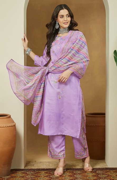 Women’s Lavender Floral Printed Cotton Blend Straight Kurta Set with Pants