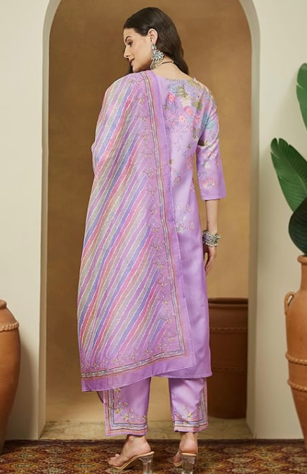 Women’s Lavender Floral Printed Cotton Blend Straight Kurta Set with Pants