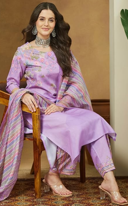 Women’s Lavender Floral Printed Cotton Blend Straight Kurta Set with Pants