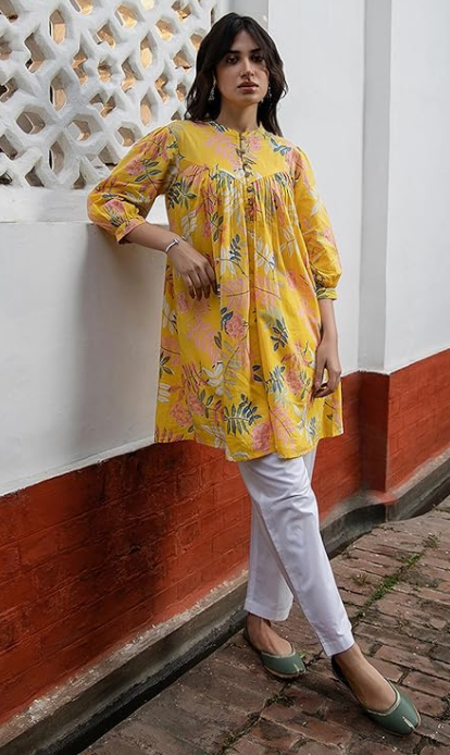 Women’s Yellow Cotton Tropical Print Flowy Gathered Tunic