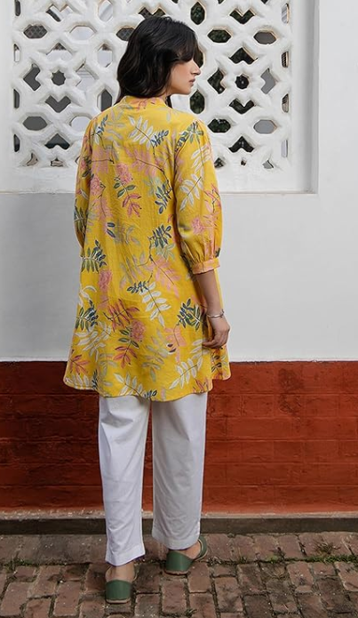 Women’s Yellow Cotton Tropical Print Flowy Gathered Tunic
