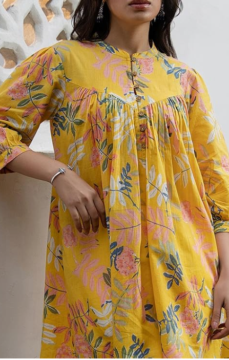 Women’s Yellow Cotton Tropical Print Flowy Gathered Tunic