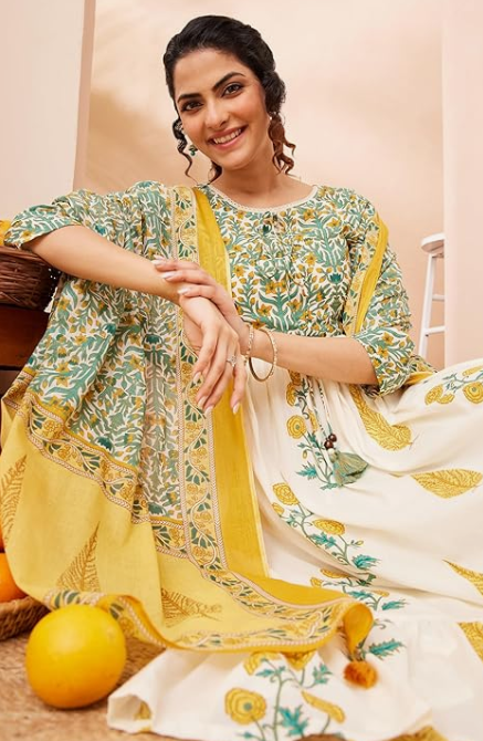 Women’s Off-White Floral Printed Cotton A-Line Kurta & Pant Set