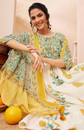Women’s Off-White Floral Printed Cotton A-Line Kurta & Pant Set