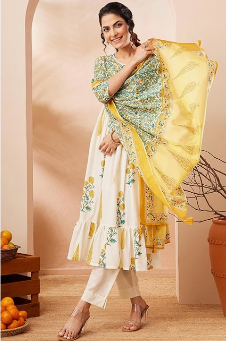 Women’s Off-White Floral Printed Cotton A-Line Kurta & Pant Set