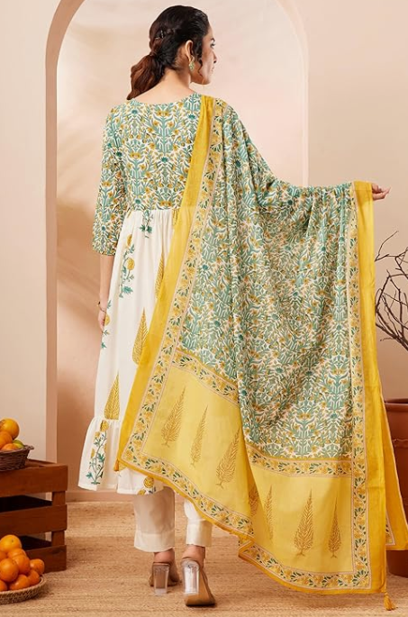 Women’s Off-White Floral Printed Cotton A-Line Kurta & Pant Set