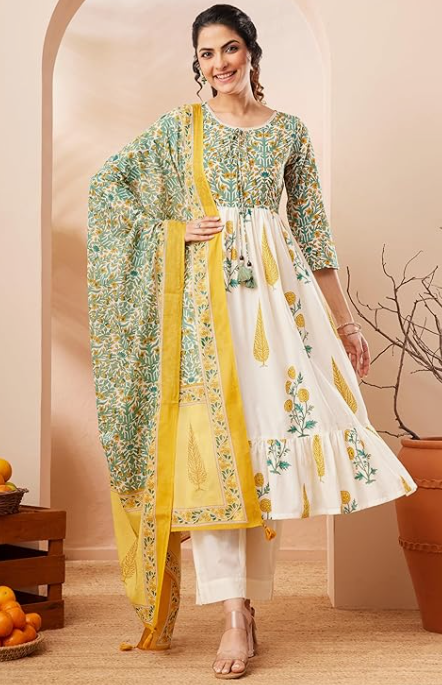 Women’s Off-White Floral Printed Cotton A-Line Kurta & Pant Set