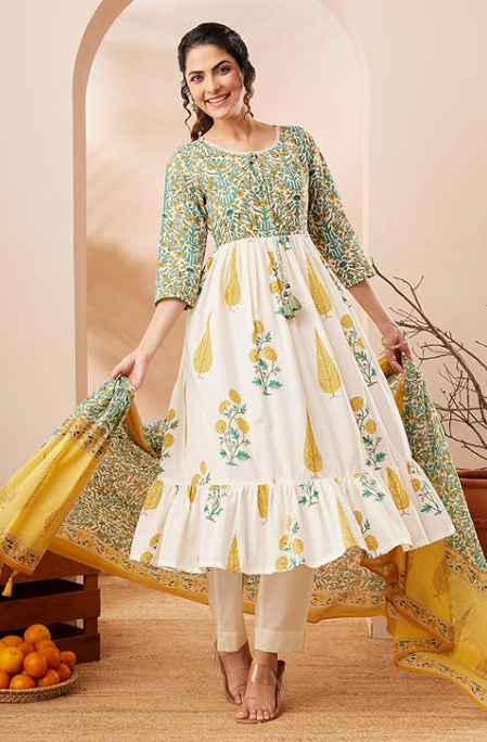 Women’s Off-White Floral Printed Cotton A-Line Kurta & Pant Set