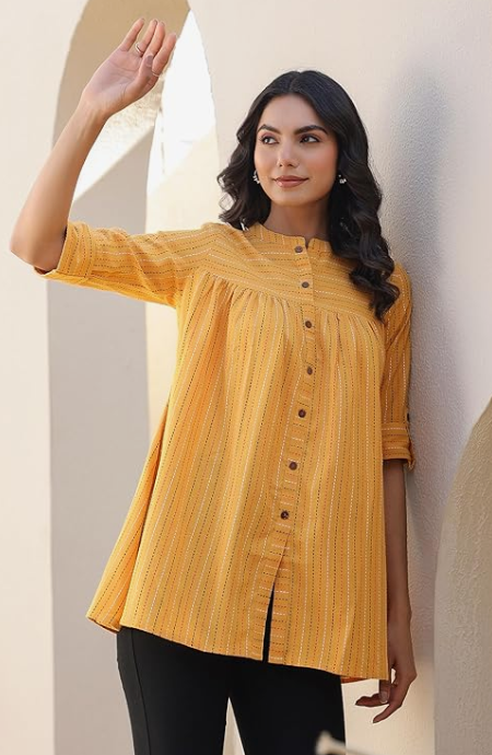 Mustard Pure Cotton Woven Gathered Tunic for Women | Casual Ethnic Top