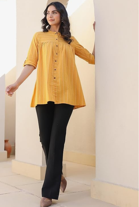 Mustard Pure Cotton Woven Gathered Tunic for Women | Casual Ethnic Top