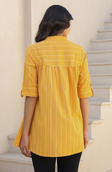 Mustard Pure Cotton Woven Gathered Tunic for Women | Casual Ethnic Top