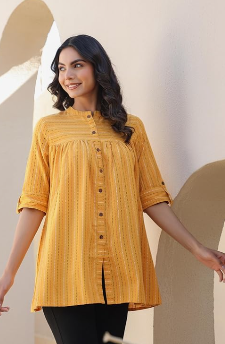 Mustard Pure Cotton Woven Gathered Tunic for Women | Casual Ethnic Top