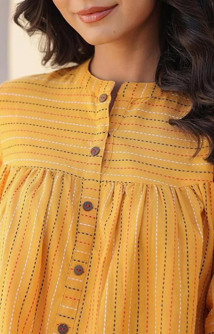 Mustard Pure Cotton Woven Gathered Tunic for Women | Casual Ethnic Top