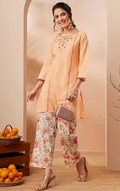 Women’s Peach Pure Cotton Straight Kurta Co-ord Set with Elegant Yoke Embroidery