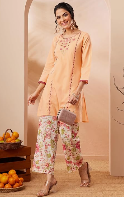 Women’s Peach Pure Cotton Straight Kurta Co-ord Set with Elegant Yoke Embroidery