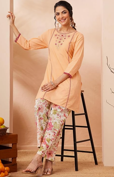 Women’s Peach Pure Cotton Straight Kurta Co-ord Set with Elegant Yoke Embroidery